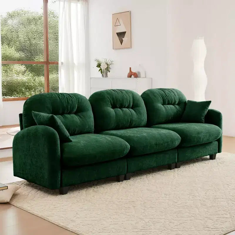 Divano componibile Cloud a 3 posti in ciniglia, in schiuma ad alta densità con bottoni, braccioli ergonomici, base in legno massello per camera da letto/salotto