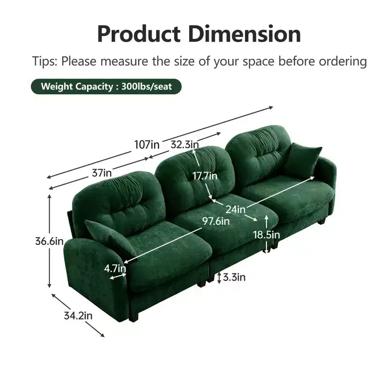 Divano componibile Cloud a 3 posti in ciniglia, in schiuma ad alta densità con bottoni, braccioli ergonomici, base in legno massello per camera da letto/salotto