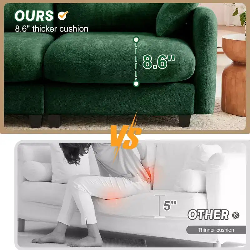 Divano componibile Cloud a 3 posti in ciniglia, in schiuma ad alta densità con bottoni, braccioli ergonomici, base in legno massello per camera da letto/salotto