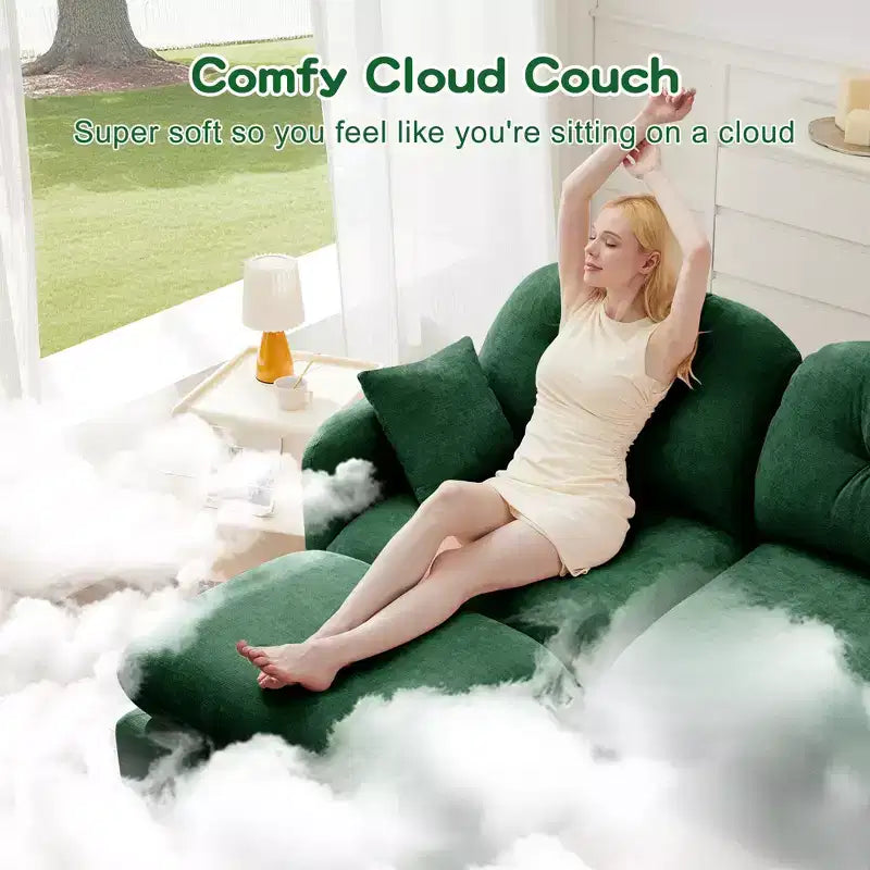 Divano componibile Cloud a 3 posti in ciniglia, in schiuma ad alta densità con bottoni, braccioli ergonomici, base in legno massello per camera da letto/salotto