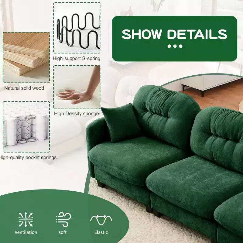 Divano componibile Cloud a 3 posti in ciniglia, in schiuma ad alta densità con bottoni, braccioli ergonomici, base in legno massello per camera da letto/salotto