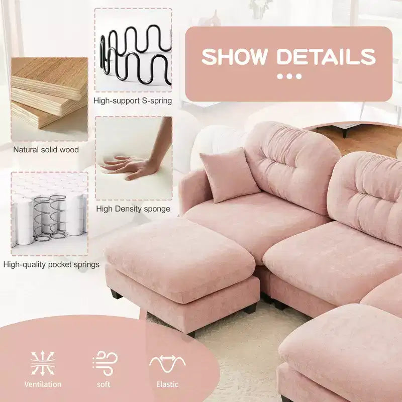 Divano componibile Cloud a 3 posti in ciniglia, in schiuma ad alta densità con bottoni, braccioli ergonomici, base in legno massello per camera da letto/salotto
