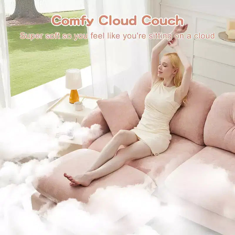 Divano componibile Cloud a 3 posti in ciniglia, in schiuma ad alta densità con bottoni, braccioli ergonomici, base in legno massello per camera da letto/salotto