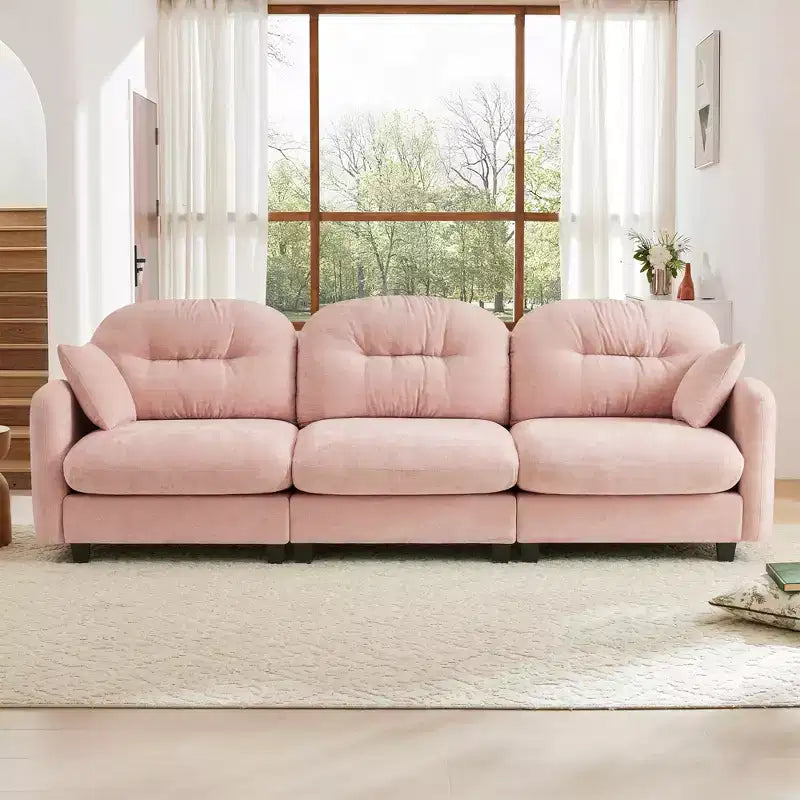 Divano componibile Cloud a 3 posti in ciniglia, in schiuma ad alta densità con bottoni, braccioli ergonomici, base in legno massello per camera da letto/salotto