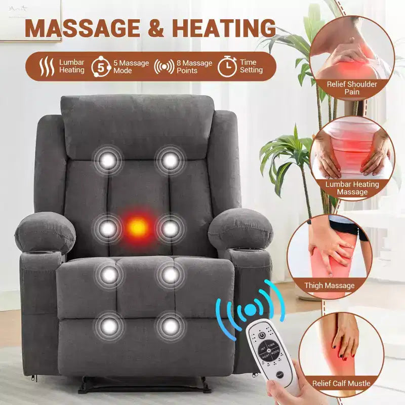 Poltrona reclinabile, divano reclinabile manuale con massaggio e riscaldamento, comoda sedia a dondolo imbottita con tasche laterali, tasche anteriori e portabicchieri