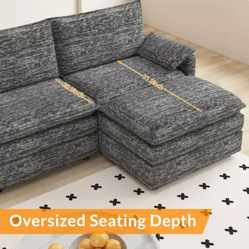 Divano sezionale modulare 108 XL, divano modulare a L moderno in ciniglia con seduta profonda, divano cloud per 4 con pouf mobile, divano sezionale
