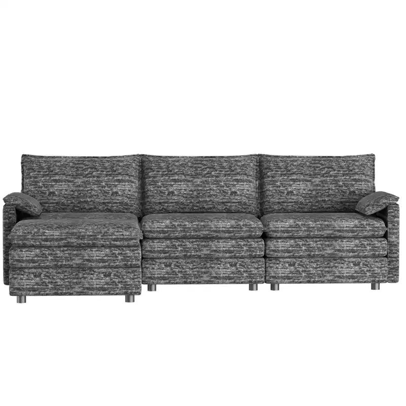 Divano sezionale modulare 108 XL, divano modulare a L moderno in ciniglia con seduta profonda, divano cloud per 4 con pouf mobile, divano sezionale
