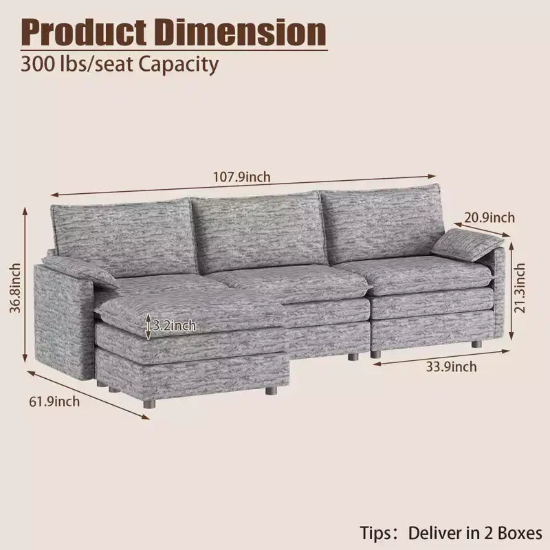 Divano sezionale modulare 108 XL, divano modulare a L moderno in ciniglia con seduta profonda, divano cloud per 4 con pouf mobile, divano sezionale