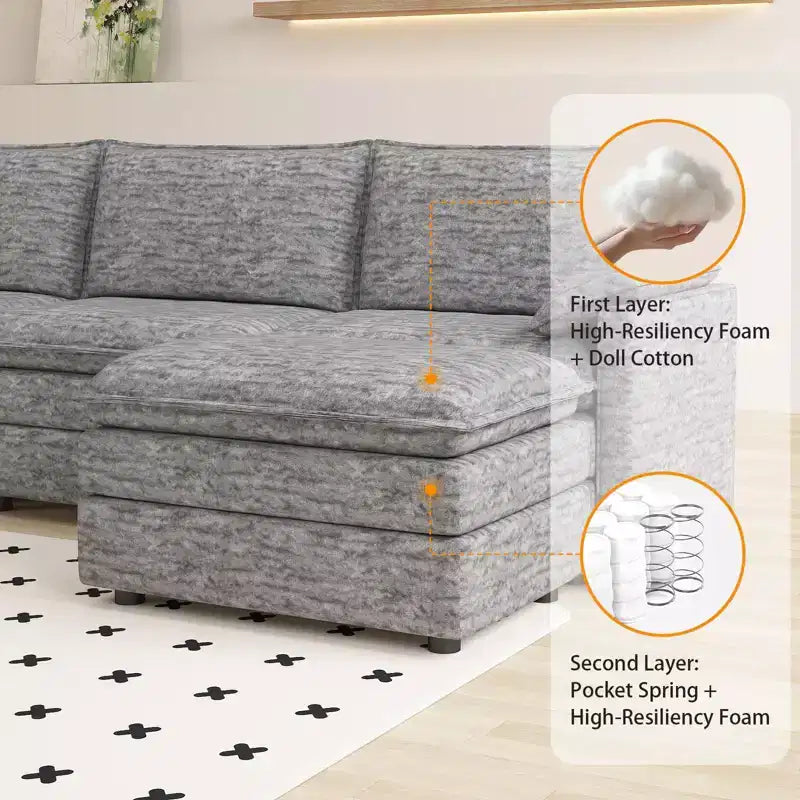 Divano sezionale modulare 108 XL, divano modulare a L moderno in ciniglia con seduta profonda, divano cloud per 4 con pouf mobile, divano sezionale