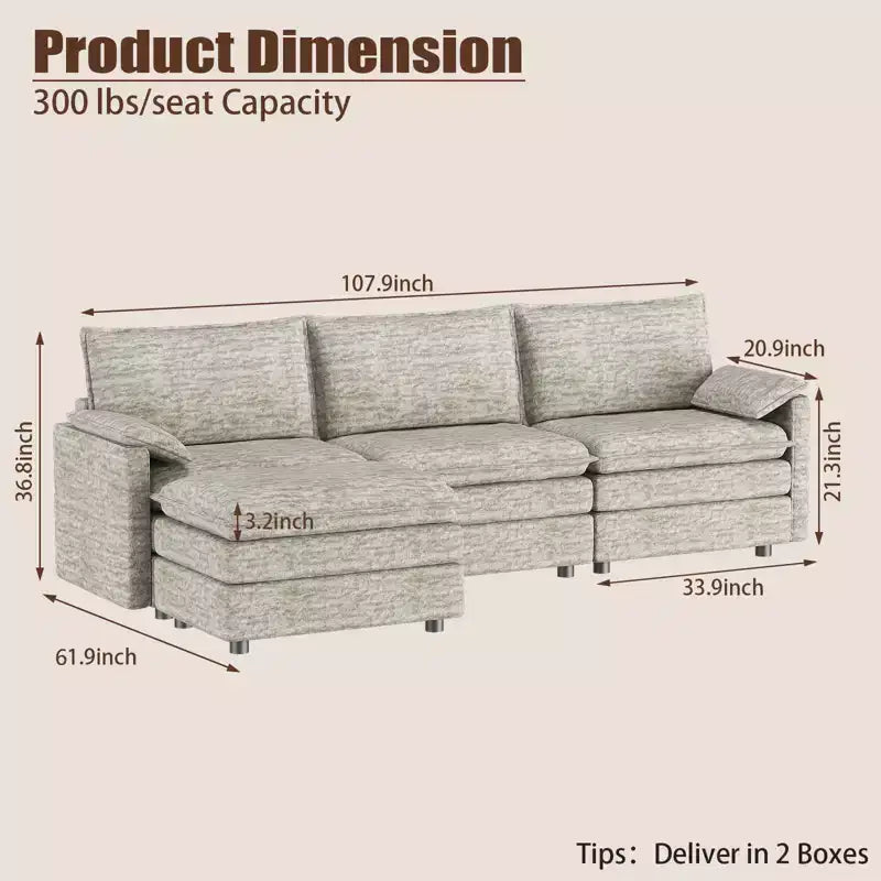Divano sezionale modulare 108 XL, divano modulare a L moderno in ciniglia con seduta profonda, divano cloud per 4 con pouf mobile, divano sezionale
