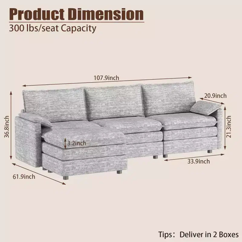 Divano sezionale modulare 108 XL, divano modulare a L moderno in ciniglia con seduta profonda, divano cloud per 4 con pouf mobile, divano sezionale