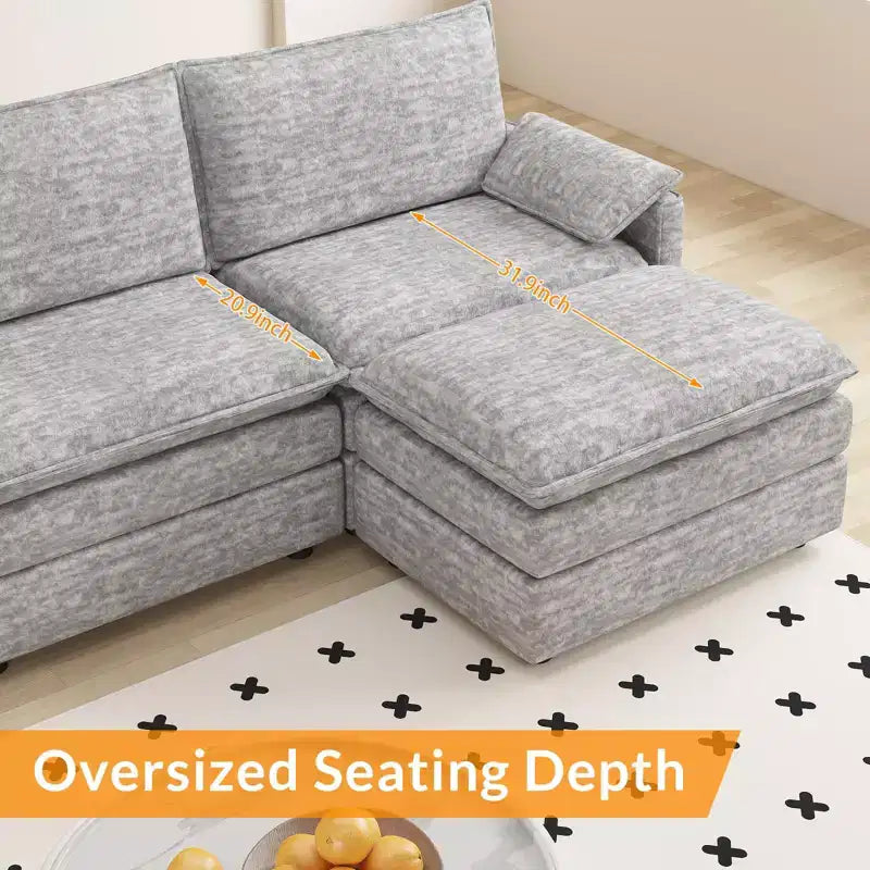Divano sezionale modulare 108 XL, divano modulare a L moderno in ciniglia con seduta profonda, divano cloud per 4 con pouf mobile, divano sezionale