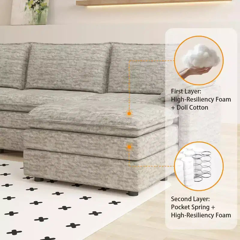 Divano sezionale modulare 108 XL, divano modulare a L moderno in ciniglia con seduta profonda, divano cloud per 4 con pouf mobile, divano sezionale