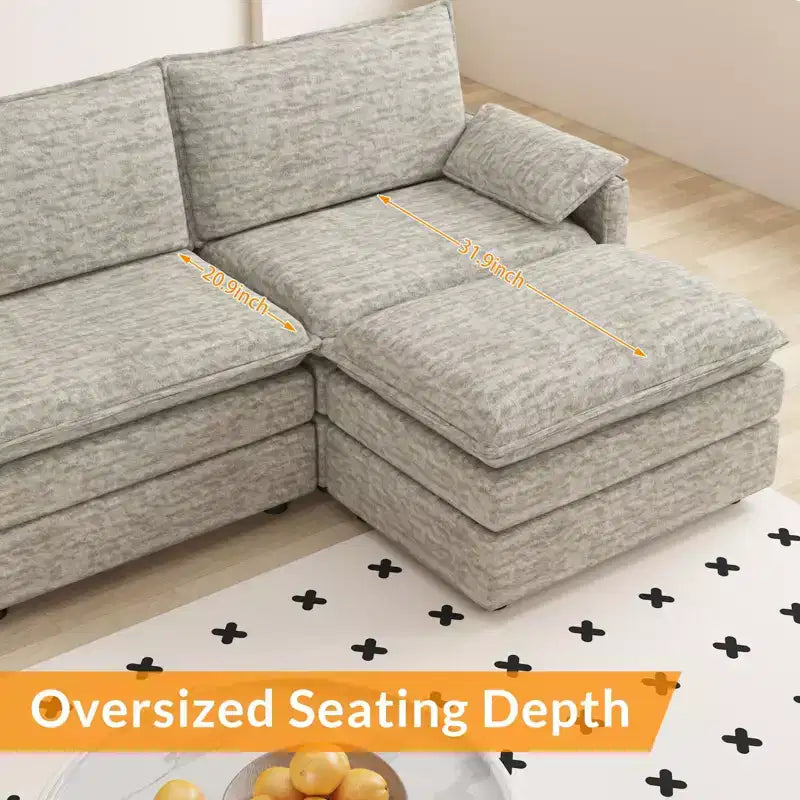 Divano sezionale modulare 108 XL, divano modulare a L moderno in ciniglia con seduta profonda, divano cloud per 4 con pouf mobile, divano sezionale