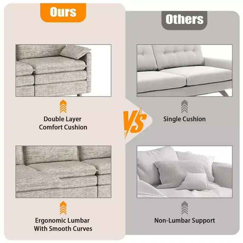 Divano sezionale modulare 108 XL, divano modulare a L moderno in ciniglia con seduta profonda, divano cloud per 4 con pouf mobile, divano sezionale