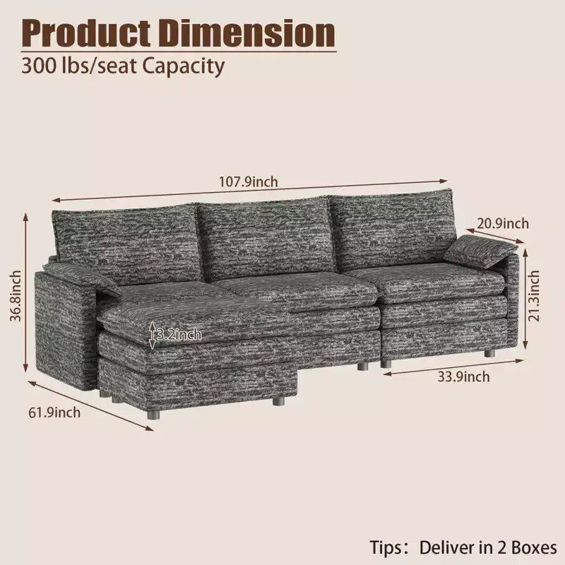 Divano sezionale modulare 108 XL, divano modulare a L moderno in ciniglia con seduta profonda, divano cloud per 4 con pouf mobile, divano sezionale