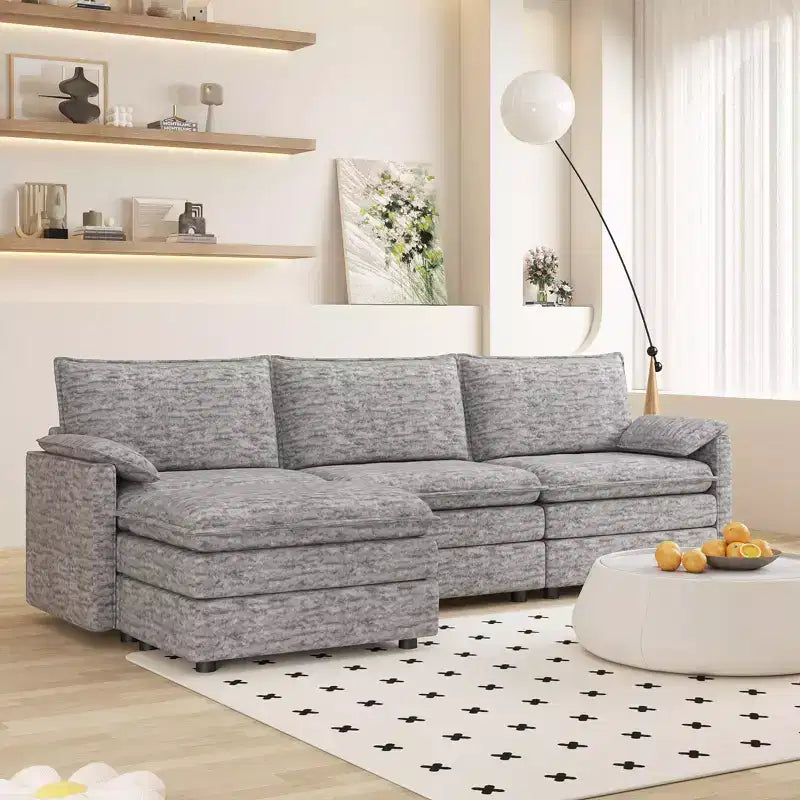 Divano sezionale modulare 108 XL, divano modulare a L moderno in ciniglia con seduta profonda, divano cloud per 4 con pouf mobile, divano sezionale