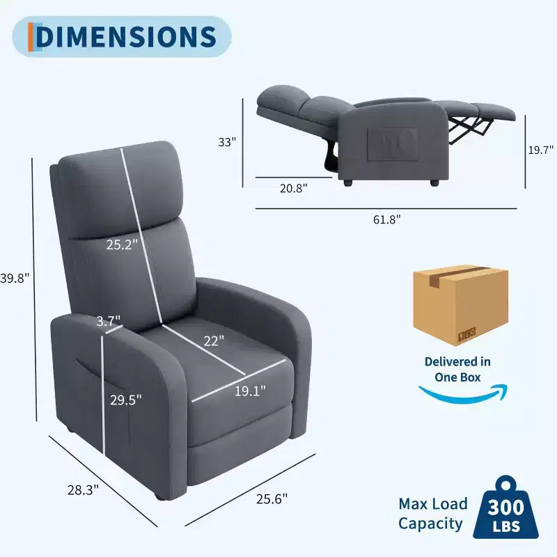 Poltrona reclinabile per adulti, poltrona reclinabile pigra ergonomica regolabile, divano singolo, con tasca laterale, schienale alto, braccioli larghi e seduta imbottita
