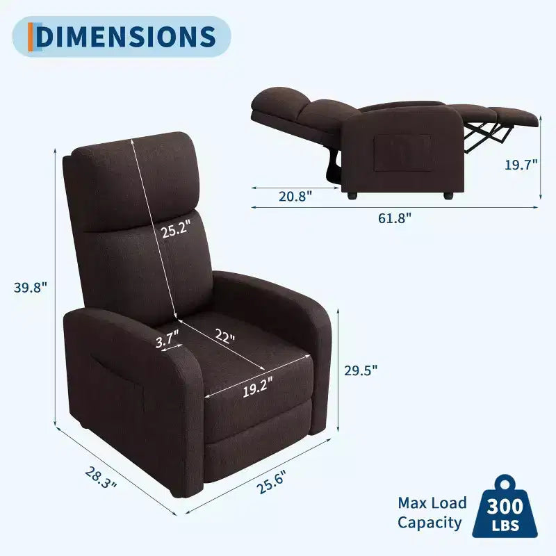Poltrona reclinabile per adulti, poltrona reclinabile pigra ergonomica regolabile, divano singolo, con tasca laterale, schienale alto, braccioli larghi e seduta imbottita