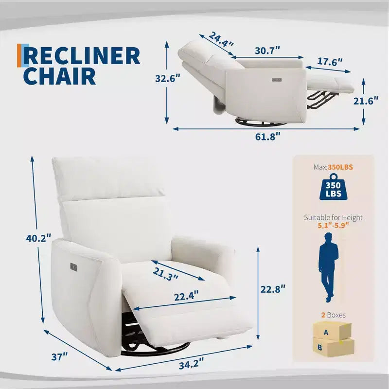 Poltrona Reclinabile Elettrica, Poltrona Girevole con Funzione Dondolo per Adulti, Poltrona Reclinabile in Tessuto Imbottito con Funzione Girevole e Dondolo con Porte USB