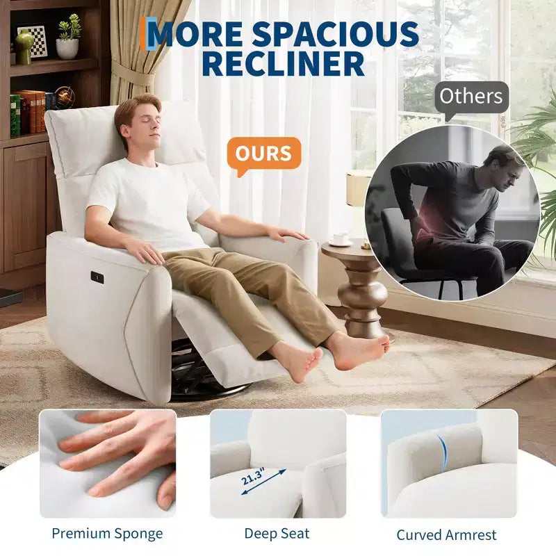 Poltrona Reclinabile Elettrica, Poltrona Girevole con Funzione Dondolo per Adulti, Poltrona Reclinabile in Tessuto Imbottito con Funzione Girevole e Dondolo con Porte USB