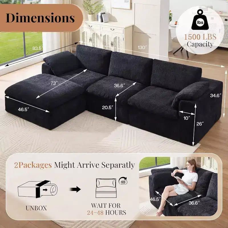 Divano Sezionale AMERLIFE Cloud Couch, Modulare Oversize con Chaise Longue Profonda 83.5, Design Senza Montaggio per Soggiorno, Ciniglia