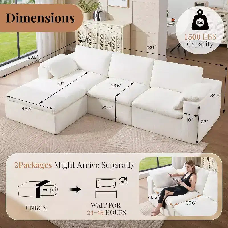 Divano Sezionale AMERLIFE Cloud Couch, Modulare Oversize con Chaise Longue Profonda 83.5, Design Senza Montaggio per Soggiorno, Ciniglia