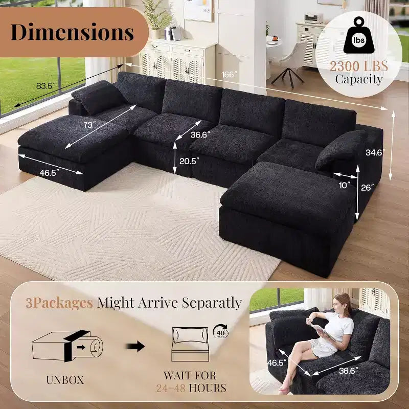 Divano Sezionale AMERLIFE Cloud Couch, Modulare Oversize con Chaise Longue Profonda 83.5, Design Senza Montaggio per Soggiorno, Ciniglia