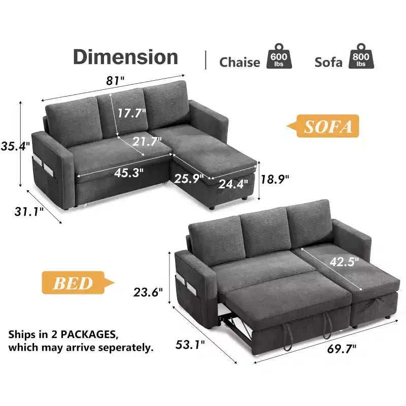 Dyonery 81 divano letto, divano estraibile 2 in 1 con più spazio di archiviazione, divano letto componibile a L con tasche laterali