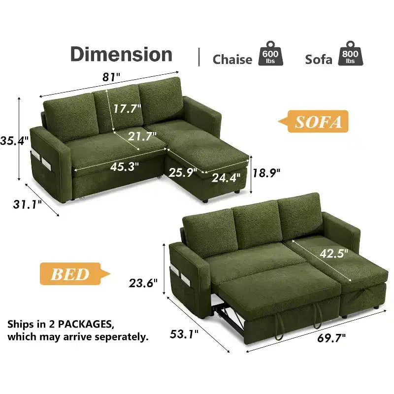 Dyonery 81 divano letto, divano estraibile 2 in 1 con più spazio di archiviazione, divano letto componibile a L con tasche laterali