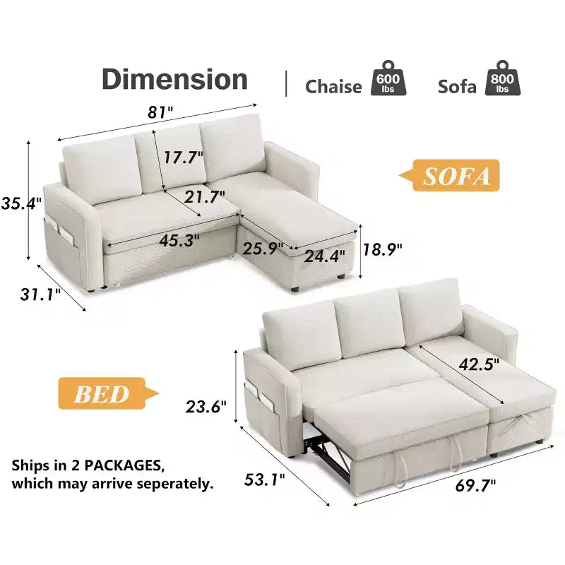 Dyonery 81 divano letto, divano estraibile 2 in 1 con più spazio di archiviazione, divano letto componibile a L con tasche laterali