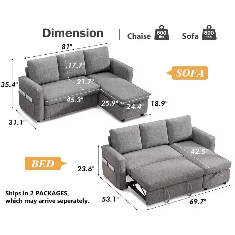 Dyonery 81 divano letto, divano estraibile 2 in 1 con più spazio di archiviazione, divano letto componibile a L con tasche laterali