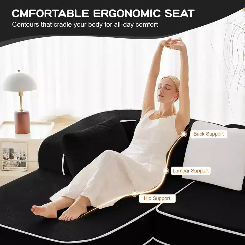 106 Divano Senza Struttura in Tessuto Teddy 32D, Design a Colori a Contrasto, Morbido e Comodo con Chaise Longue a L, per Soggiorno