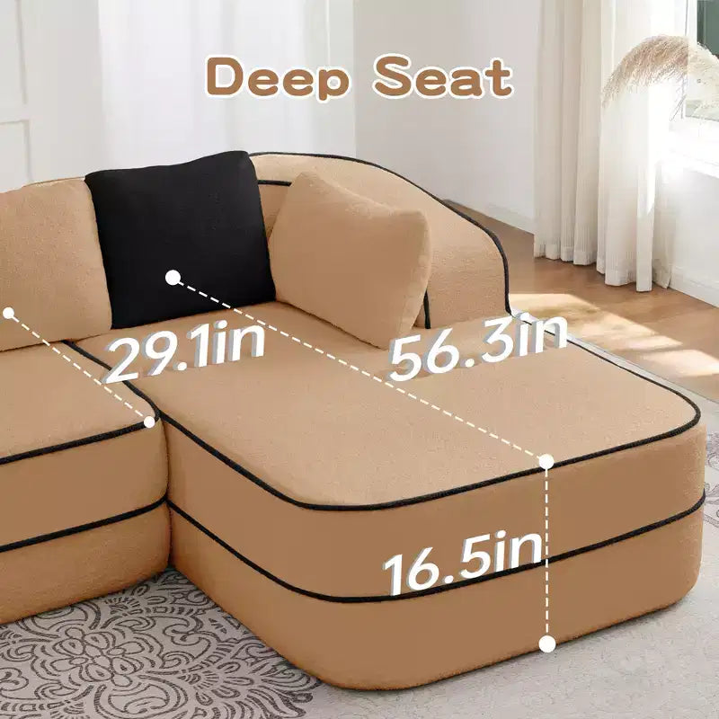 106 Divano Senza Struttura in Tessuto Teddy 32D, Design a Colori a Contrasto, Morbido e Comodo con Chaise Longue a L, per Soggiorno