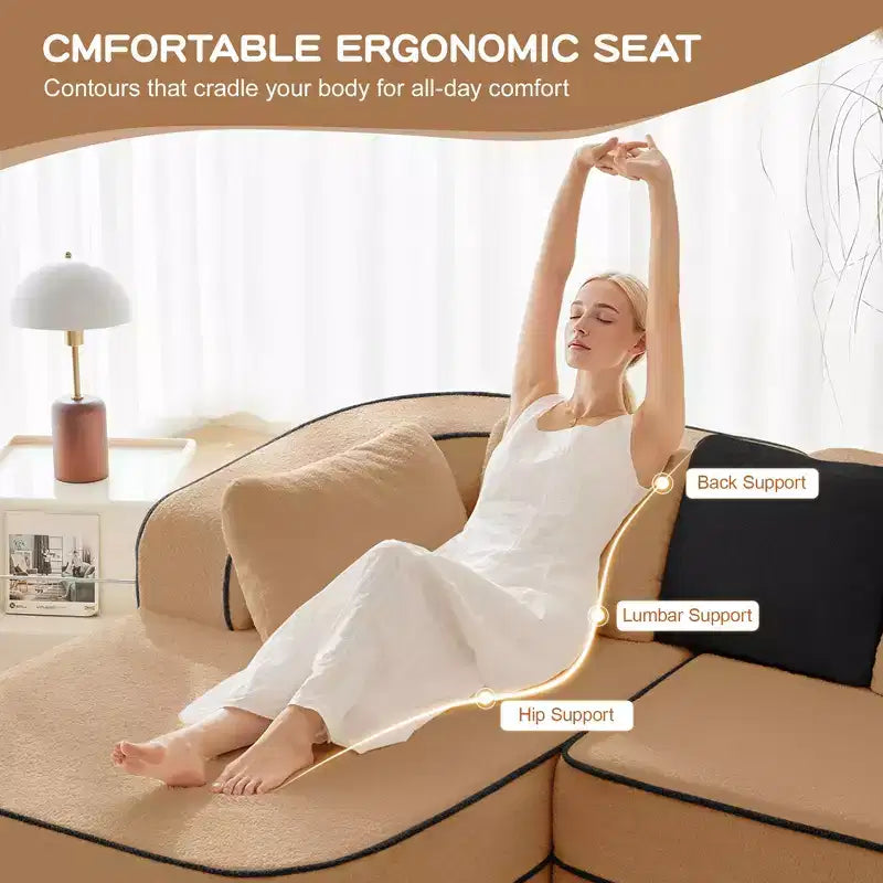 106 Divano Senza Struttura in Tessuto Teddy 32D, Design a Colori a Contrasto, Morbido e Comodo con Chaise Longue a L, per Soggiorno