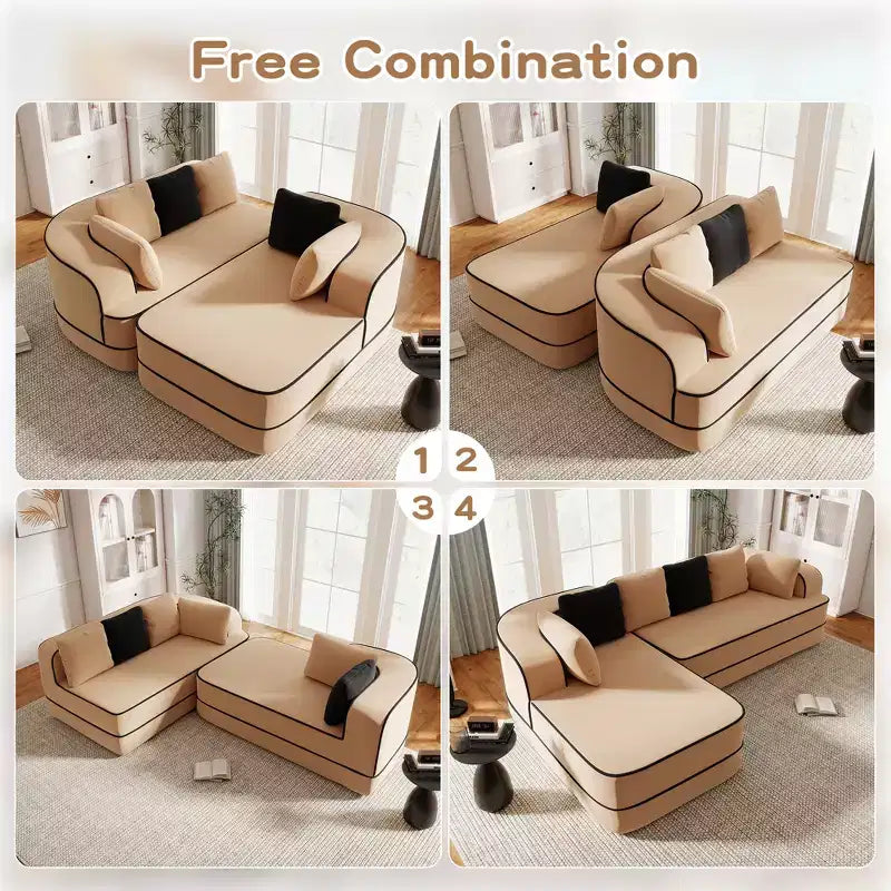 106 Divano Senza Struttura in Tessuto Teddy 32D, Design a Colori a Contrasto, Morbido e Comodo con Chaise Longue a L, per Soggiorno