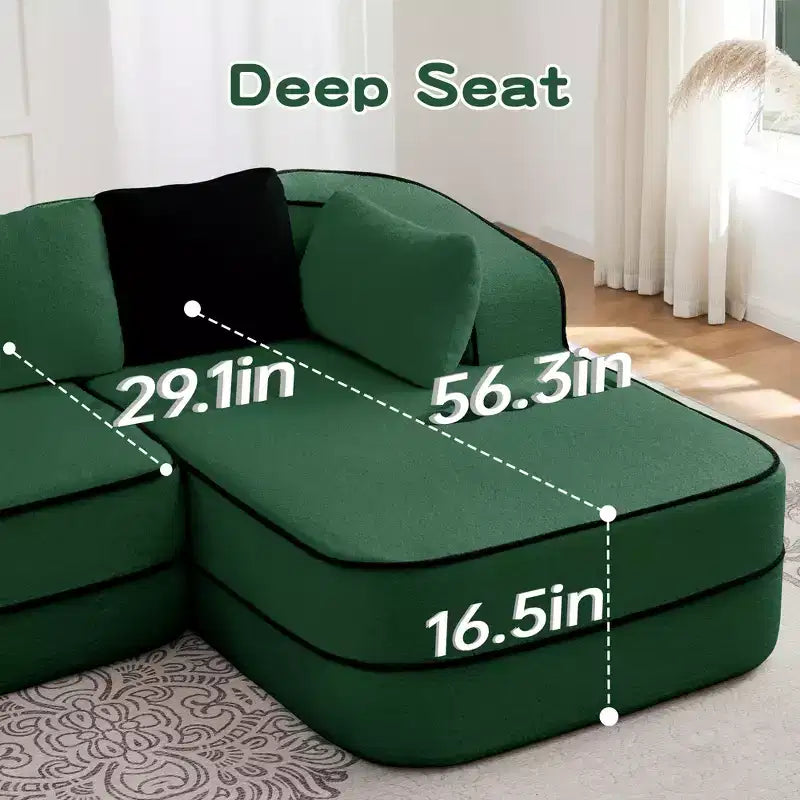106 Divano Senza Struttura in Tessuto Teddy 32D, Design a Colori a Contrasto, Morbido e Comodo con Chaise Longue a L, per Soggiorno