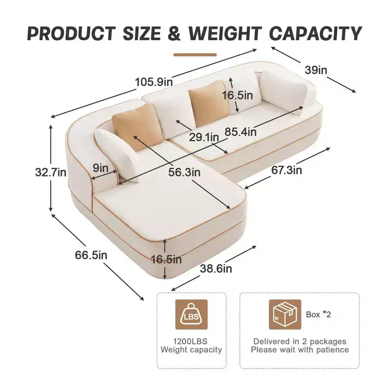 106 Divano Senza Struttura in Tessuto Teddy 32D, Design a Colori a Contrasto, Morbido e Comodo con Chaise Longue a L, per Soggiorno