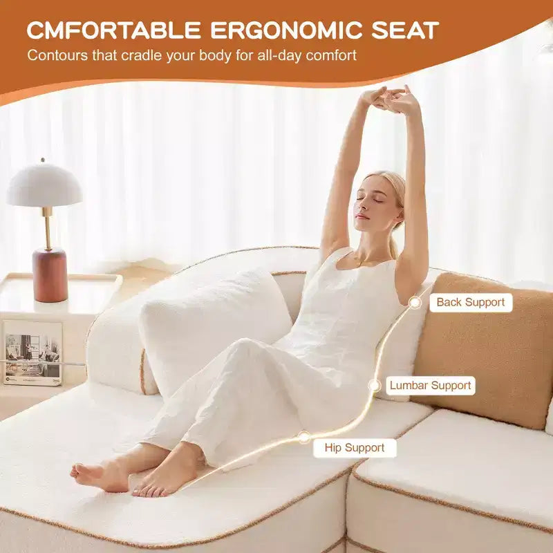 106 Divano Senza Struttura in Tessuto Teddy 32D, Design a Colori a Contrasto, Morbido e Comodo con Chaise Longue a L, per Soggiorno