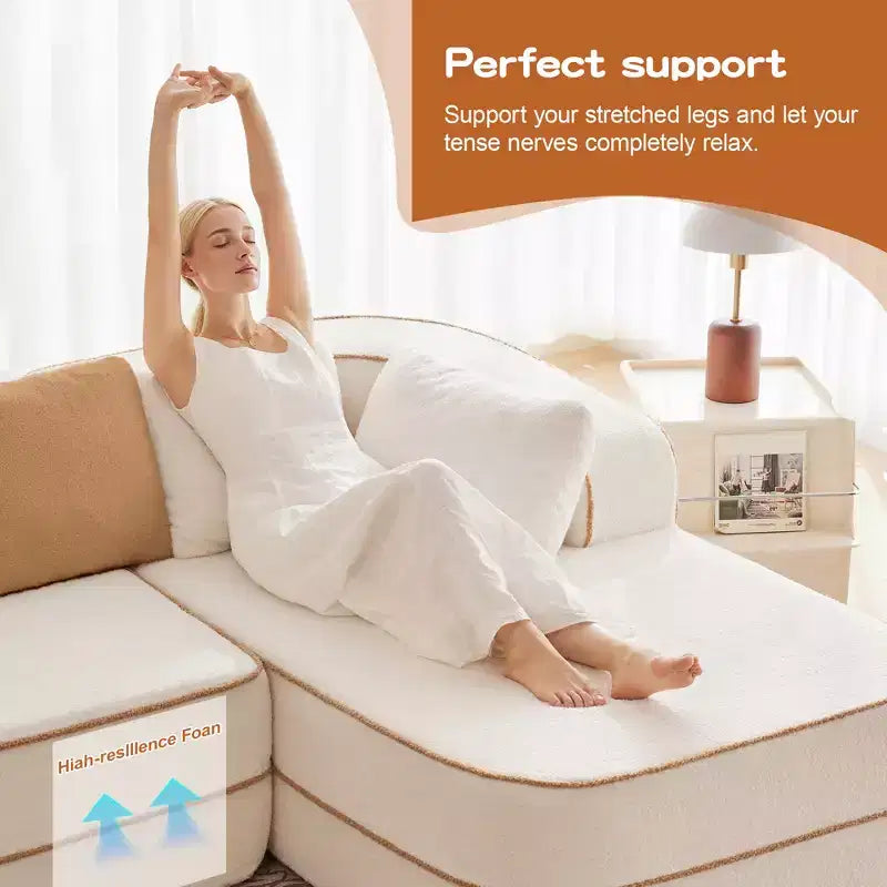 106 Divano Senza Struttura in Tessuto Teddy 32D, Design a Colori a Contrasto, Morbido e Comodo con Chaise Longue a L, per Soggiorno