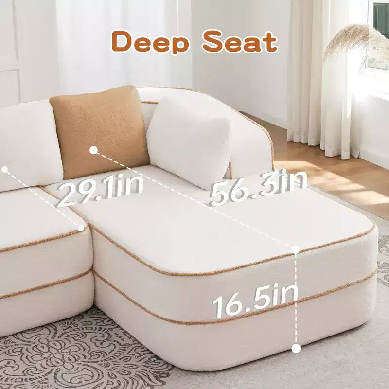 106 Divano Senza Struttura in Tessuto Teddy 32D, Design a Colori a Contrasto, Morbido e Comodo con Chaise Longue a L, per Soggiorno