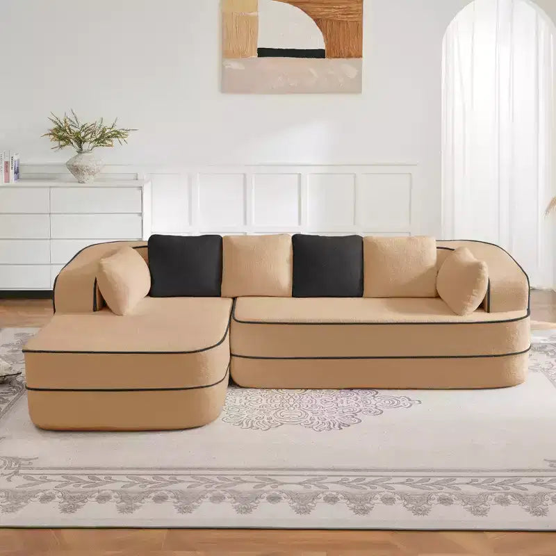 106 Divano Senza Struttura in Tessuto Teddy 32D, Design a Colori a Contrasto, Morbido e Comodo con Chaise Longue a L, per Soggiorno