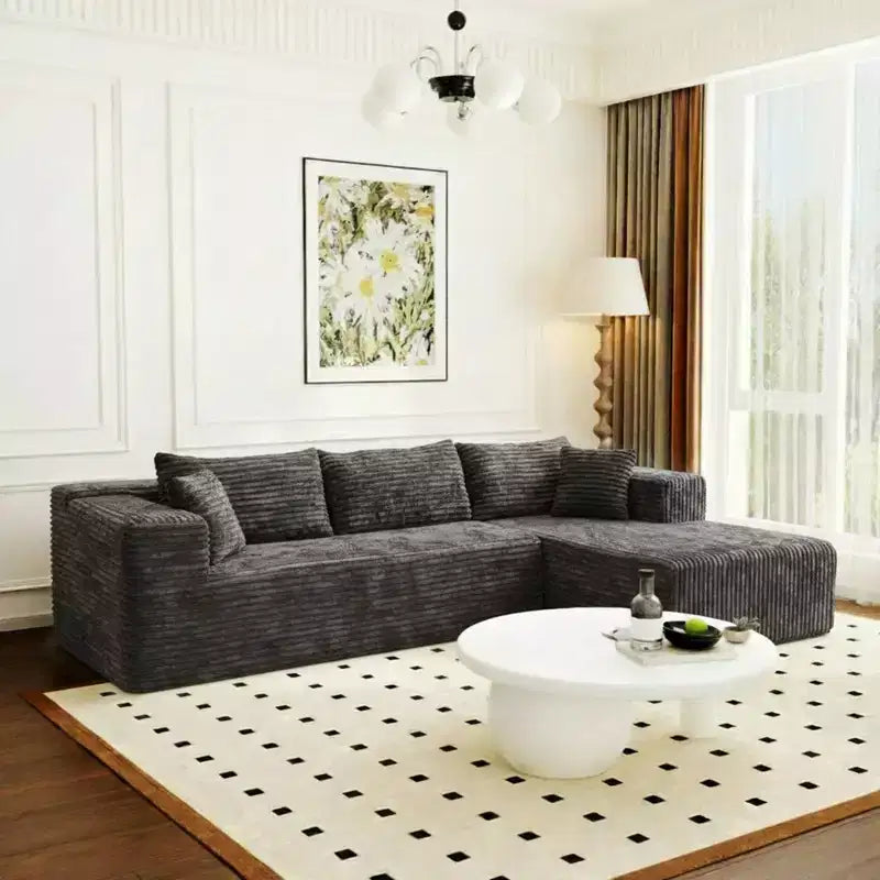 Divano componibile moderno Famapy – Comfort e stile per ambienti contemporanei. Divano letto in cotone compresso senza montaggio con chaise longue.