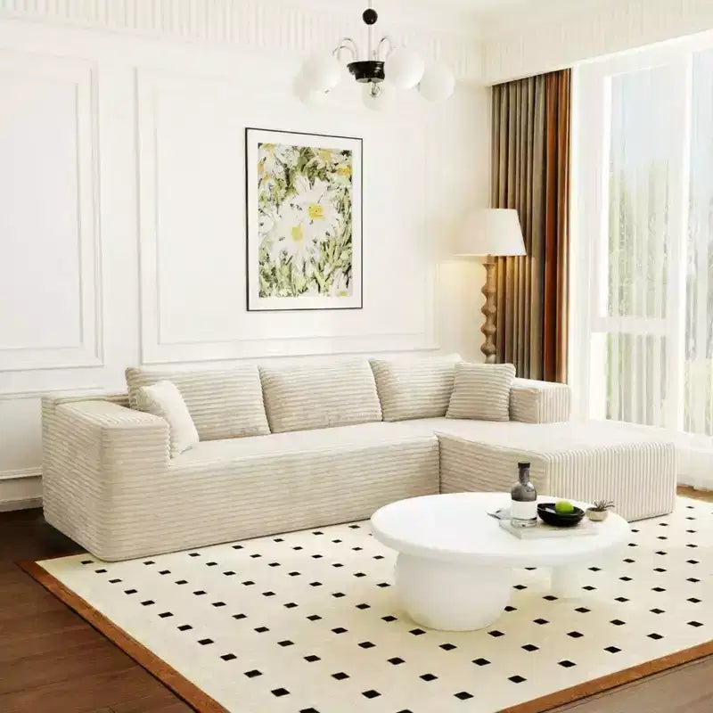 Divano componibile moderno Famapy – Comfort e stile per ambienti contemporanei. Divano letto in cotone compresso senza montaggio con chaise longue.