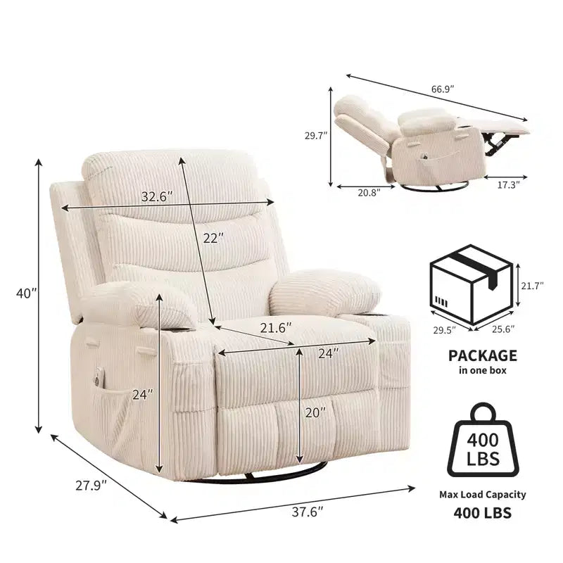Poltrona reclinabile girevole a 360° per neonati - Sedia a dondolo oversize con massaggio e calore, poltrona reclinabile per piccoli spazi, cameretta dei bambini, camera da letto, soggiorno