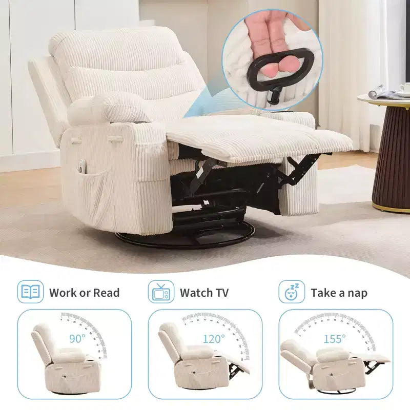 Poltrona reclinabile girevole a 360° per neonati - Sedia a dondolo oversize con massaggio e calore, poltrona reclinabile per piccoli spazi, cameretta dei bambini, camera da letto, soggiorno