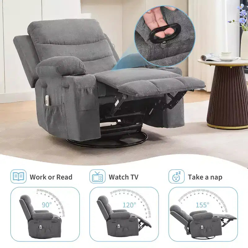 Poltrona reclinabile girevole a 360° per neonati - Sedia a dondolo oversize con massaggio e calore, poltrona reclinabile per piccoli spazi, cameretta dei bambini, camera da letto, soggiorno