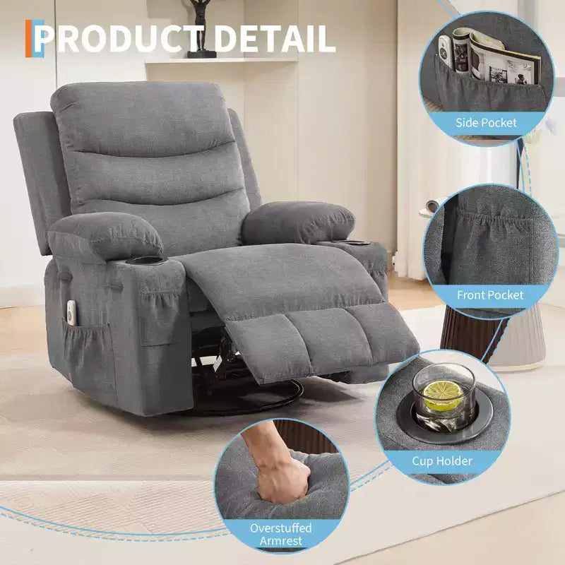 Poltrona reclinabile girevole a 360° per neonati - Sedia a dondolo oversize con massaggio e calore, poltrona reclinabile per piccoli spazi, cameretta dei bambini, camera da letto, soggiorno
