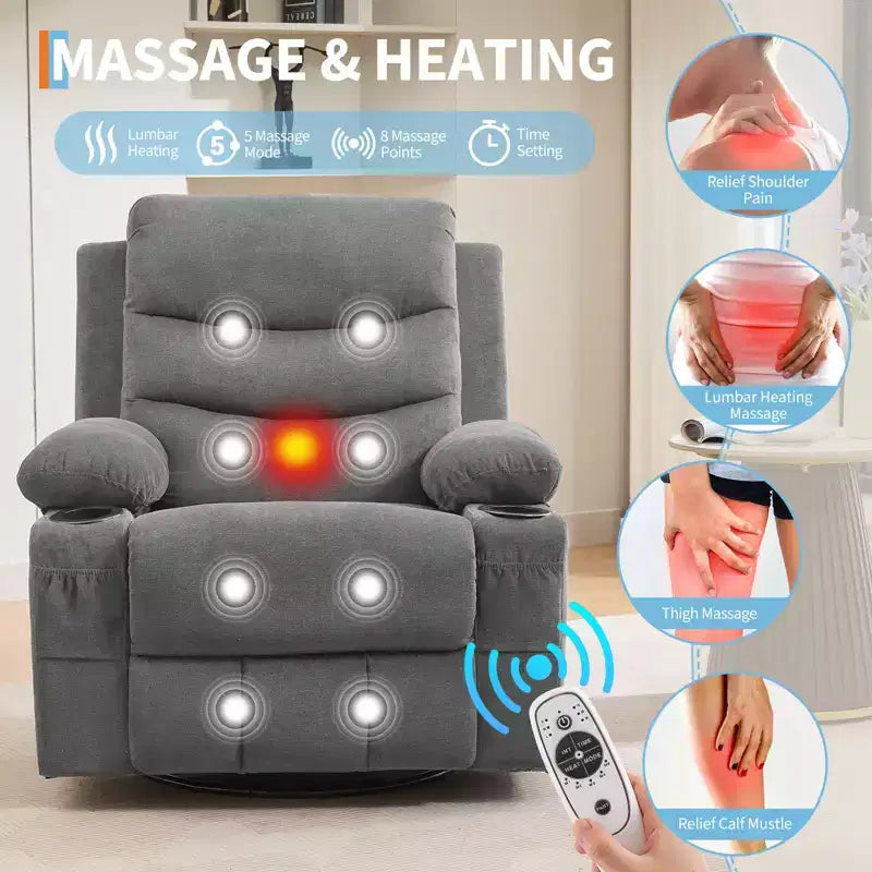 Poltrona reclinabile girevole a 360° per neonati - Sedia a dondolo oversize con massaggio e calore, poltrona reclinabile per piccoli spazi, cameretta dei bambini, camera da letto, soggiorno