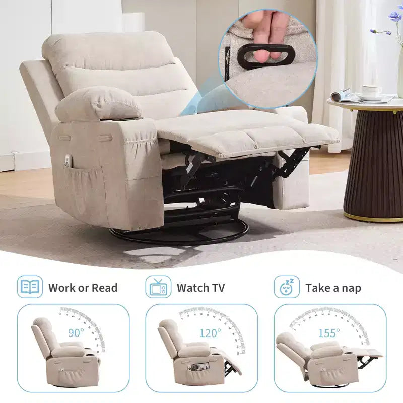Poltrona reclinabile girevole a 360° per neonati - Sedia a dondolo oversize con massaggio e calore, poltrona reclinabile per piccoli spazi, cameretta dei bambini, camera da letto, soggiorno
